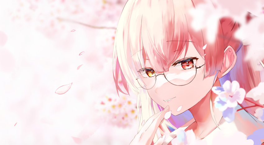 1girl bangs blurry blurry_background cherry_blossoms commentary_request derby_(dabidabi) eyebrows_visible_through_hair face finger_to_own_chin glasses hair_between_eyes heterochromia highres hololive houshou_marine long_hair looking_at_viewer orange_eyes parted_lips petals pink_hair red_eyes smile solo teeth virtual_youtuber