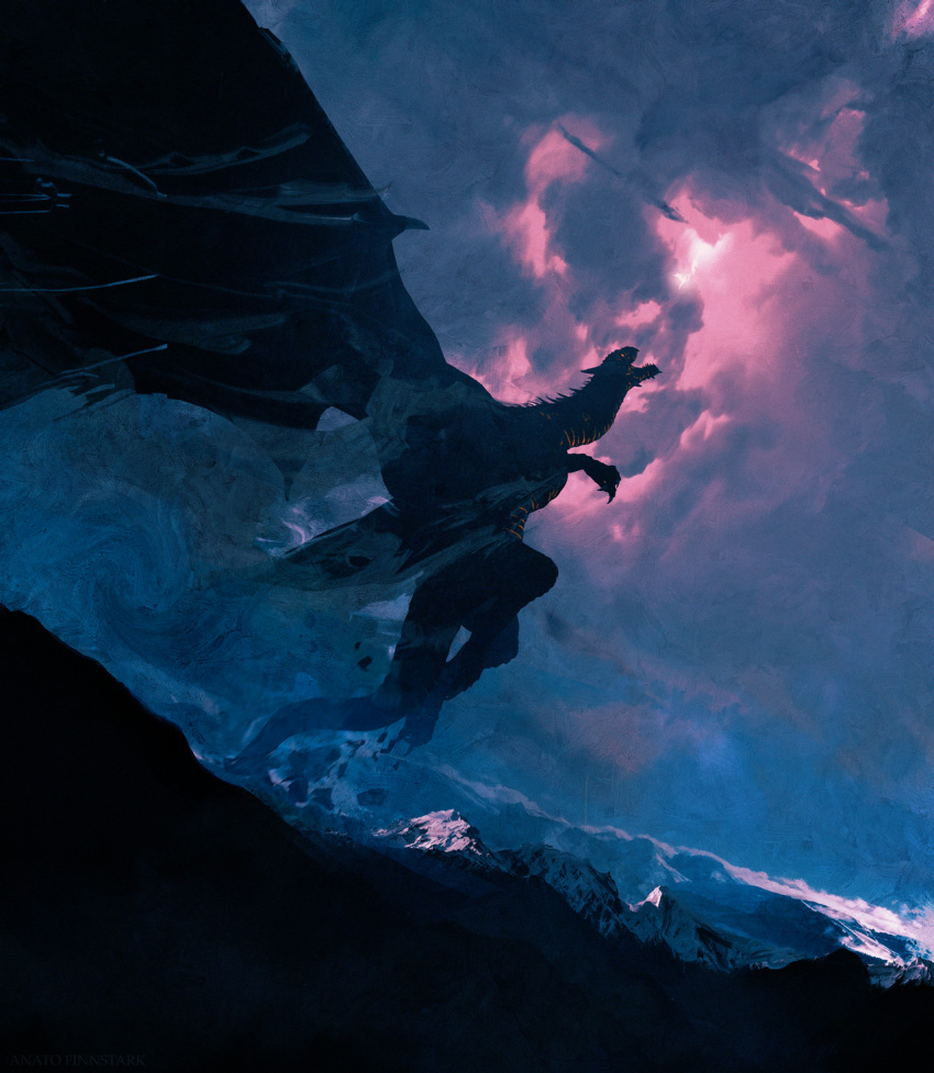 anatofinnstark ancalagon clouds cloudy_sky dragon from_side glowing glowing_eye highres lord_of_the_rings mountain no_humans open_mouth red_sky scenery sky stone