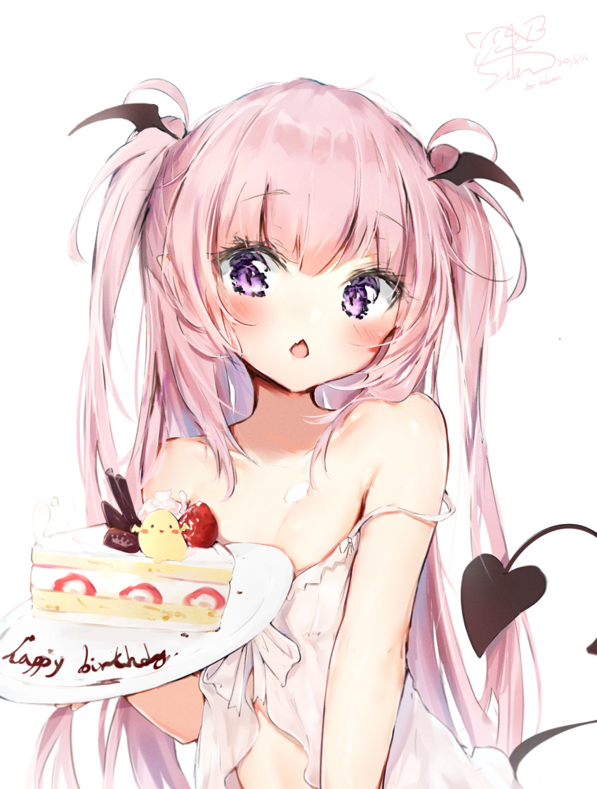 1girl :&lt; bare_shoulders blush cake cake_slice collarbone commentary_request demon_tail fang food fruit happy_birthday highres holding holding_plate long_hair open_mouth original pink_hair plate seboneko simple_background solo strap_slip strawberry tail tail_raised triangle_mouth two_side_up very_long_hair violet_eyes white_babydoll white_background
