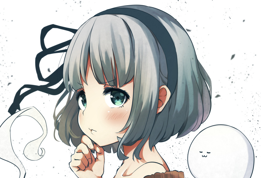 1girl alternate_costume bangs bare_shoulders black_hairband black_ribbon blush bob_cut closed_eyes closed_mouth eyebrows_visible_through_hair face green_eyes grey_hair hair_ribbon hairband highres hitodama konpaku_youmu konpaku_youmu_(ghost) looking_at_viewer pegashi ribbon short_hair simple_background solo touhou v-shaped_eyebrows white_background |3