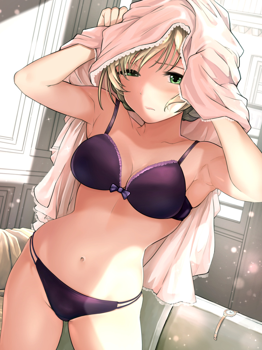 1girl absurdres armpits arms_up bangs bare_shoulders blonde_hair bra braid breasts closed_mouth collarbone cowboy_shot drying drying_hair green_eyes half-closed_eyes hanamasa_ono highres idolmaster idolmaster_million_live! looking_at_viewer medium_breasts navel panties purple_bra purple_panties sakuramori_kaori short_hair solo standing stomach thighs towel underwear watch white_theme