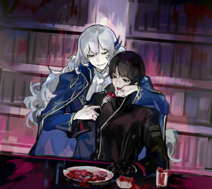 1boy 1girl argalia_(library_of_ruina) ascot black_eyes black_gloves black_hair black_jacket blue_cape blue_jacket cape collared_cape collared_jacket feeding flesh food fork glass gloves half-closed_eyes hand_in_another's_mouth hand_on_another's_hand holding holding_fork indoors jacket library_of_ruina long_hair long_sleeves meat nishikujic open_mouth plate project_moon sitting smile very_long_hair white_ascot white_hair yujin_(library_of_ruina)