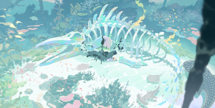1girl absurdres bone fish highres ice_(805482263) ocean original scenery seaweed skeleton swimming underwater water whale