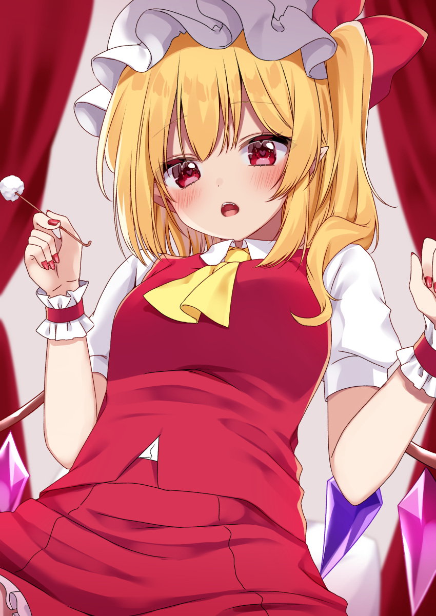 1girl :o absurdres ascot bangs blonde_hair blurry blurry_background blush bow chestnut_mouth commentary_request crystal ear_cleaning eyebrows_visible_through_hair flandre_scarlet from_below hands_up hat hat_bow heart heart-shaped_pupils highres holding indoors looking_at_viewer medium_hair mimikaki mob_cap nail_polish petticoat puffy_short_sleeves puffy_sleeves red_bow red_curtains red_eyes red_nails red_skirt red_vest shiki_(s1k1xxx) shirt short_sleeves skirt skirt_set solo symbol-shaped_pupils touhou upper_body vest white_headwear white_shirt wings wrist_cuffs yellow_neckwear