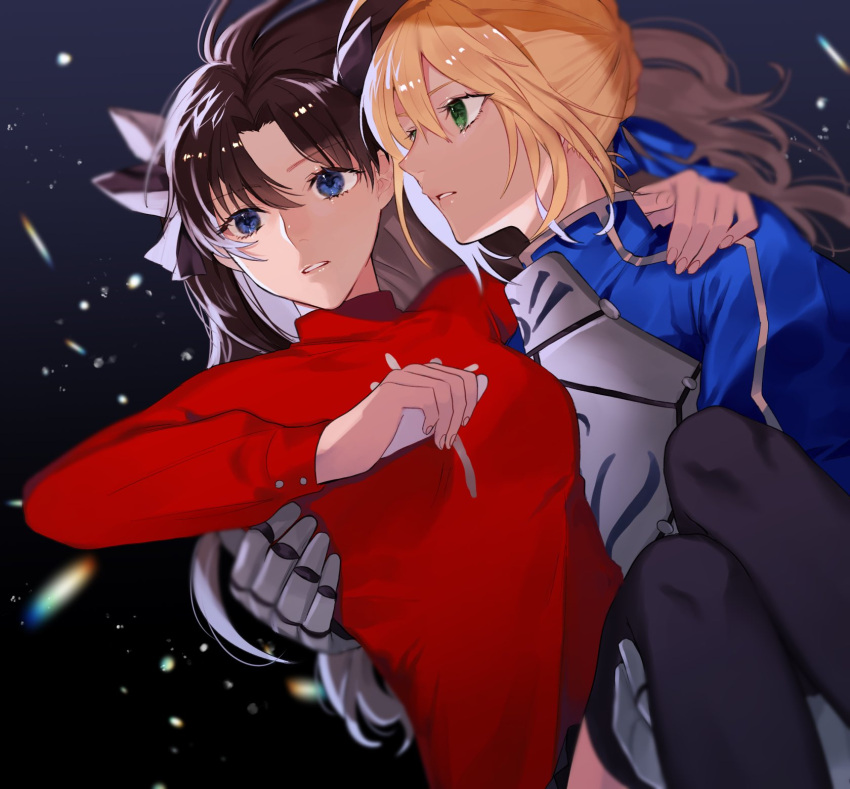 2girls ahoge armor artoria_pendragon_(all) bangs black_legwear black_ribbon blonde_hair blue_dress blue_eyes breasts brown_hair carrying commentary_request dress fate/stay_night fate_(series) gauntlets gradient gradient_background green_eyes hair_ribbon highres long_hair long_sleeves medium_breasts multiple_girls parted_lips princess_carry red_sweater ribbon saber shimatori_(sanyyyy) skirt sweater teeth thigh-highs tohsaka_rin two_side_up