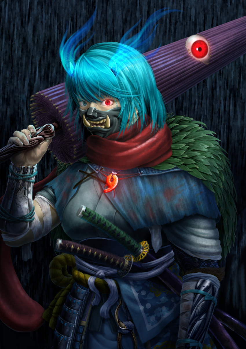 1girl absurdres alternate_costume arm_guards arm_up bandaged_arm bandages bangs blue_capelet blue_eyes blue_hair capelet commentary_request cowboy_shot glowing glowing_eyes glowing_horns heterochromia highres horns karakasa_obake katana leaf looking_at_viewer magatama oni_mask parasite_oyatsu plate_armor rain red_eyes rope rope_belt sheath shirt short_hair solo sword tatara_kogasa teeth tongue touhou umbrella weapon white_shirt