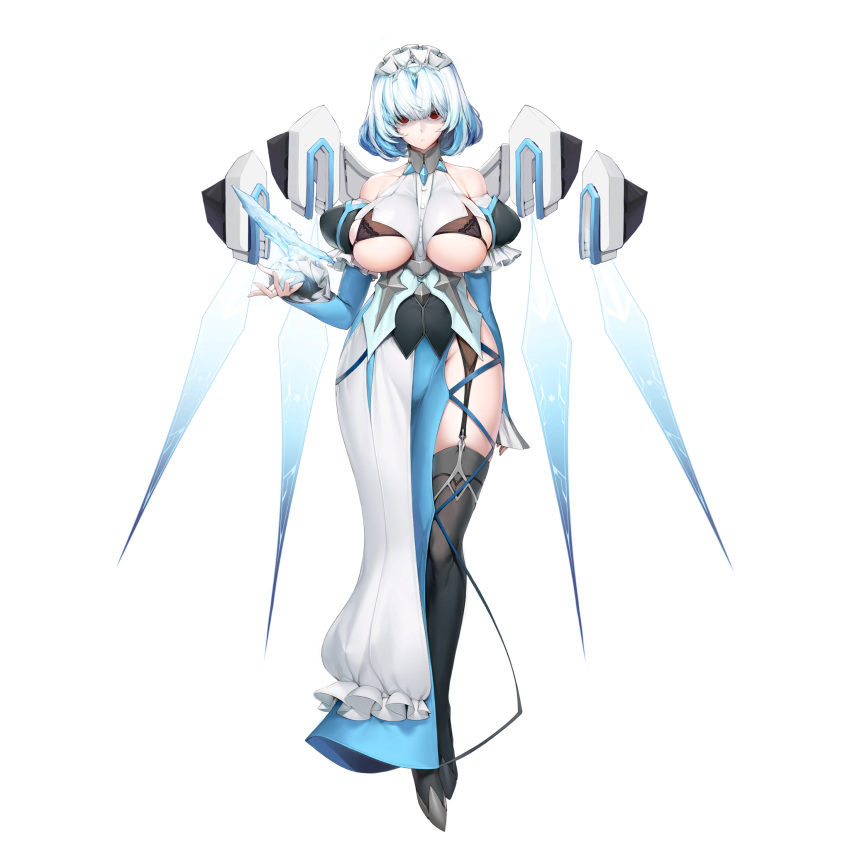 1girl bangs bob_cut breasts dress expressionless full_body hair_between_eyes highres jitome large_breasts last_origin light_blue_hair maid_headdress red_eyes shaded_face short_hair side_slit snowball22 tachi-e titania_frost transparent_background wings