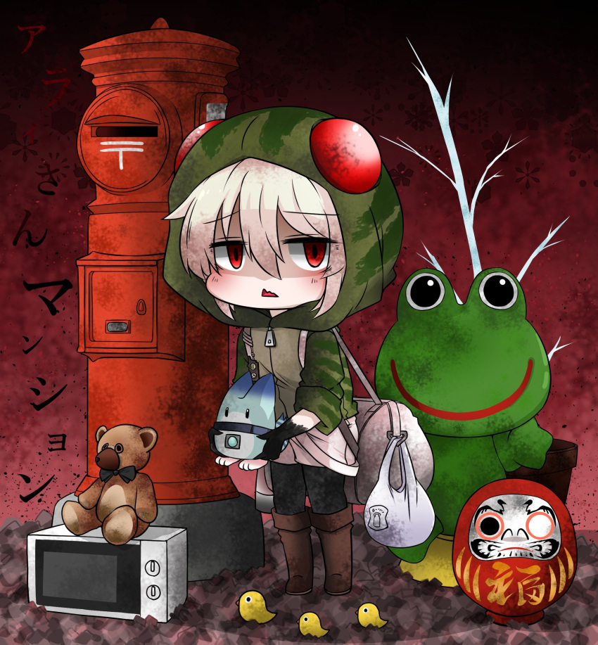 1girl 1other arai-san_mansion backpack bag bird black_hands boots chibi commentary_request daruma_doll eyebrows_visible_through_hair frog glowing grey_hair hair_between_eyes highres holding hood hooded_jacket hoodie jacket kemono_friends looking_at_viewer lucky_beast_(kemono_friends) microwave plant potted_plant red_eyes scavenger-chan_(abubu) statue striped striped_hoodie stuffed_animal stuffed_toy teddy_bear touyakakasi toy translation_request