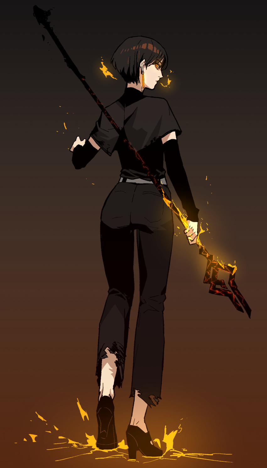 1girl absurdres ass black_footwear black_hair black_pants black_shirt breathing_fire earrings fire from_behind full_body gogalking gradient gradient_background high_heels highres holding holding_lance holding_polearm holding_weapon jewelry lance looking_at_viewer looking_back original pants polearm red_eyes shirt short_hair short_sleeves sideways_glance solo torn_clothes torn_pants weapon