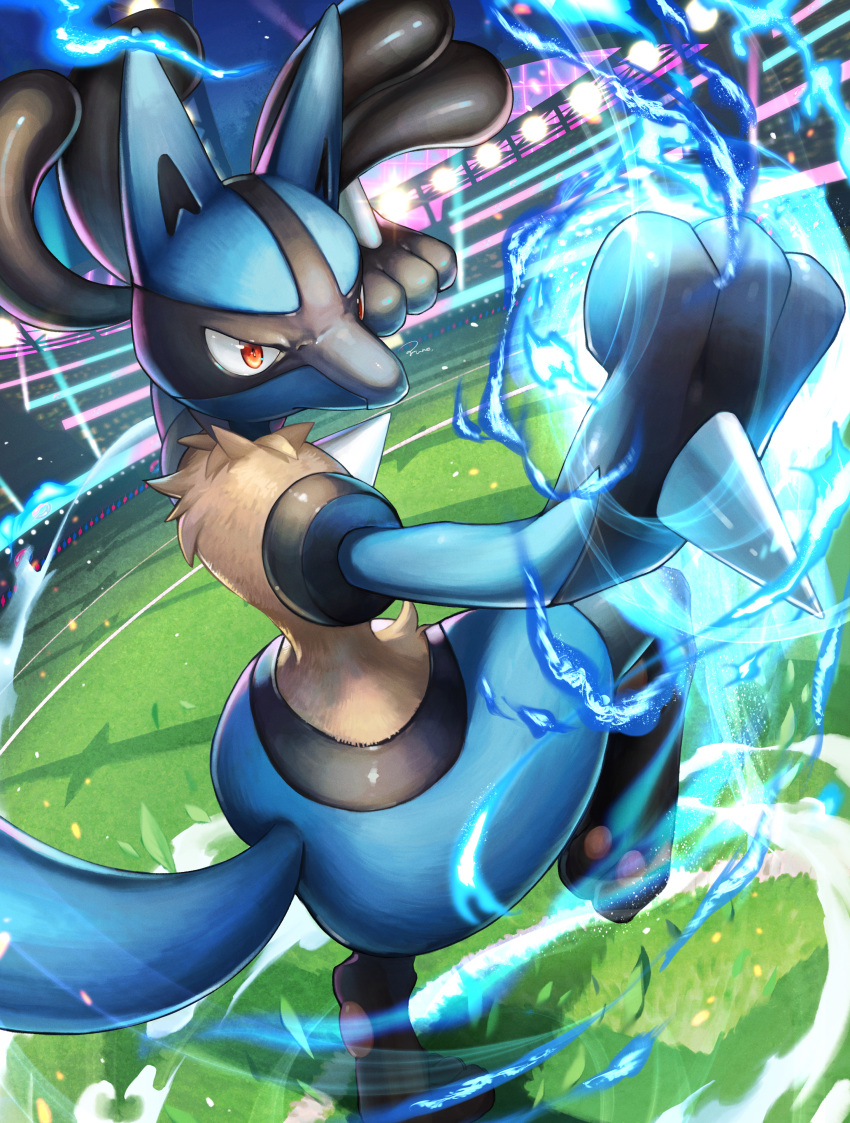 absurdres commentary energy gen_4_pokemon grass highres huge_filesize iorune leaves_in_wind light lucario night orange_eyes pokemon pokemon_(creature) solo spikes stadium standing standing_on_one_leg