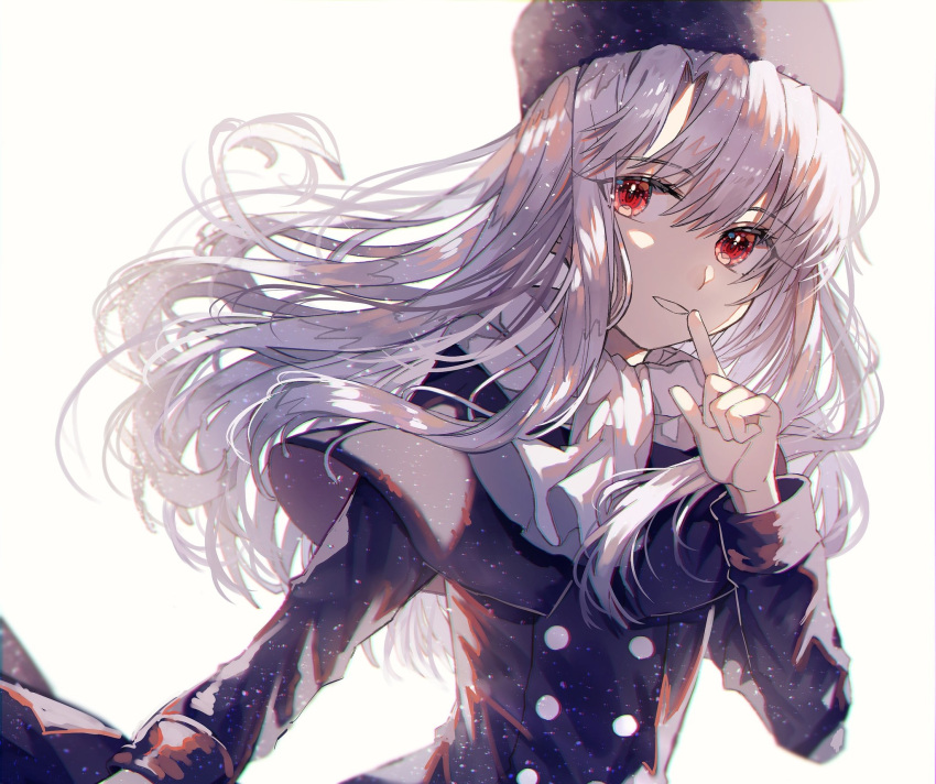 1girl bangs buttons coat commentary_request deep_(deep4946) eyebrows_visible_through_hair fate/stay_night fate_(series) floating_hair hair_between_eyes hat highres illyasviel_von_einzbern long_sleeves looking_at_viewer parted_lips red_eyes scarf sidelocks silver_hair simple_background smile solo upper_body white_background white_scarf