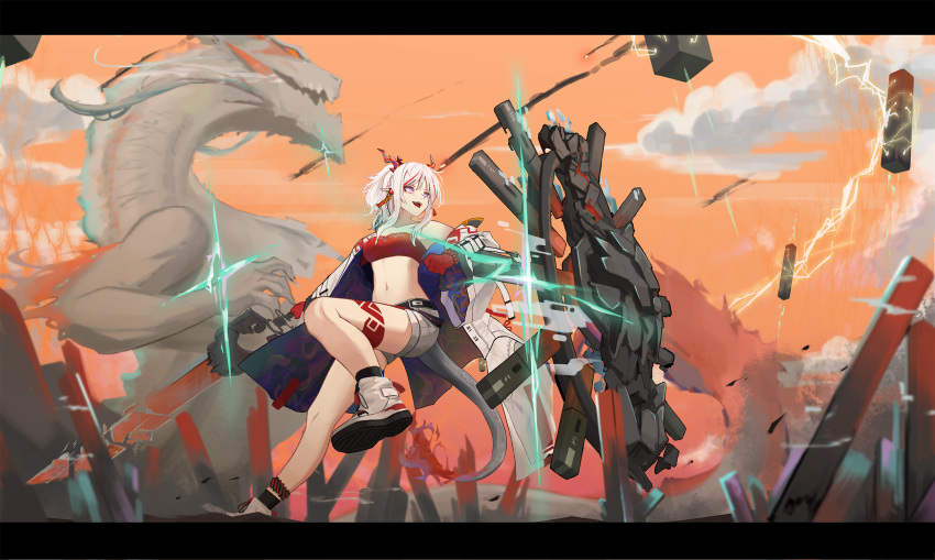 1girl arknights bracelet clouds coat dw earrings highres holding holding_weapon horns jewelry looking_at_another monster nian_(arknights) ponytail shield shoes shorts sky solo strapless sword tail tongue tongue_out tube tubetop violet_eyes weapon white_footwear