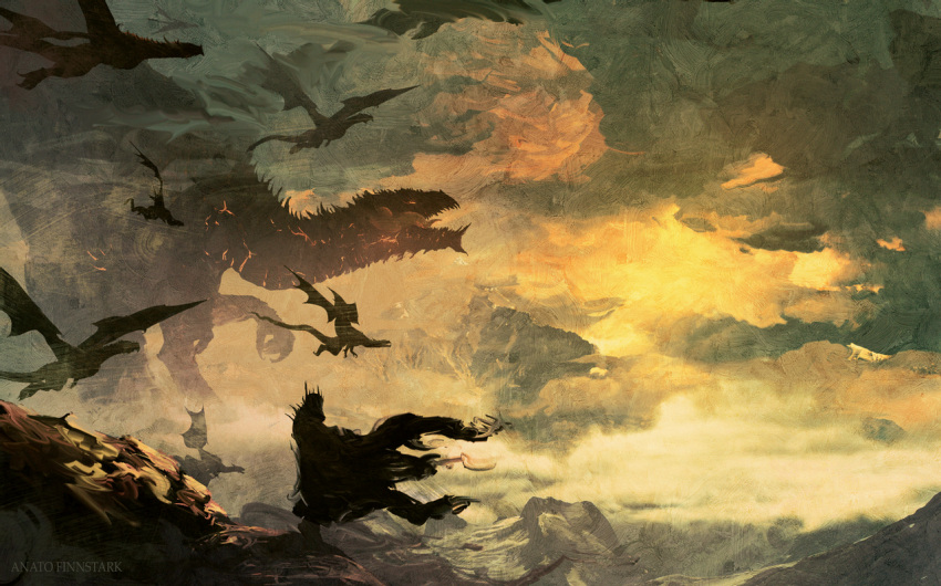 1boy anatofinnstark ancalagon artist_name blurry blurry_background cloak clouds cloudy_sky dragon fantasy from_side helm helmet lord_of_the_rings monster morgoth open_mouth scenery sharp_teeth sky standing teeth tongue tongue_out torn_cloak torn_clothes wings