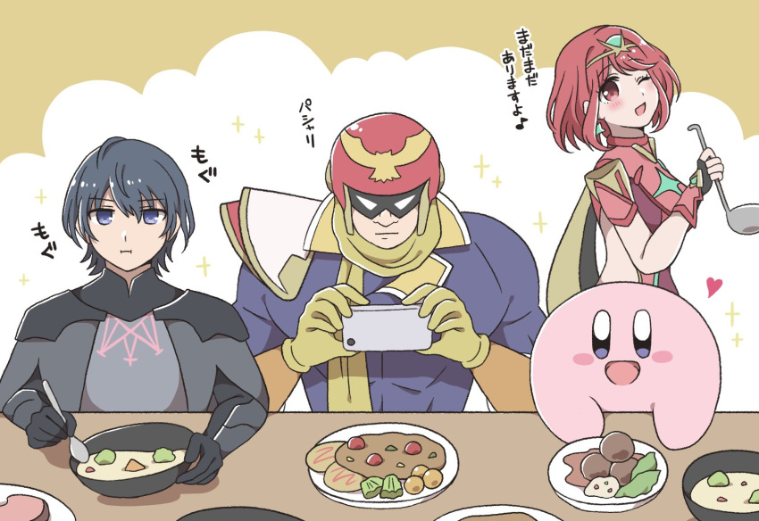 1girl 3boys apron bangs black_gloves breasts byleth_(fire_emblem) byleth_eisner_(male) captain_falcon chest_jewel earrings f-zero fingerless_gloves fire_emblem fire_emblem:_three_houses food gloves hair_ornament headpiece helmet highres hotatechoco_(hotariin) jewelry kirby kirby_(series) large_breasts multiple_boys pyra_(xenoblade) red_eyes red_legwear red_shorts redhead short_hair short_shorts shorts smile super_smash_bros. swept_bangs thigh-highs tiara xenoblade_chronicles_(series) xenoblade_chronicles_2