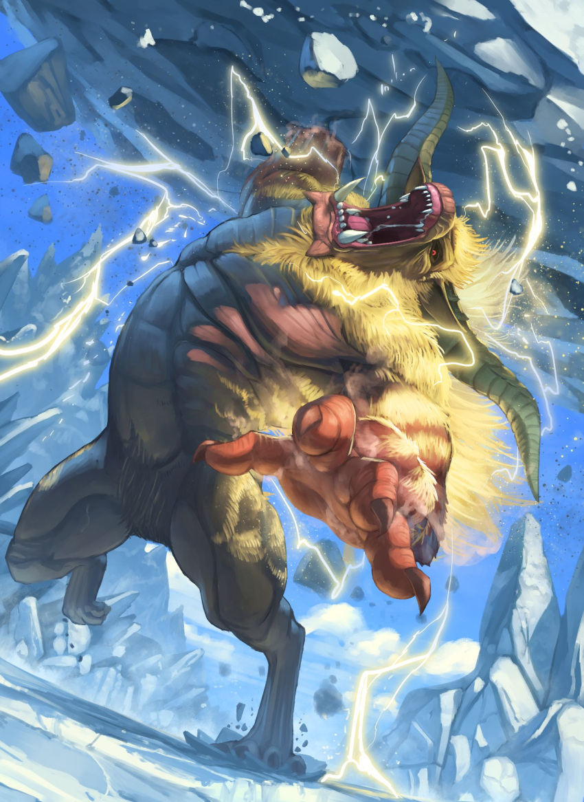 clouds commentary day electricity highres horns monster_hunter no_humans open_mouth outdoors rajang red_eyes rock sharp_teeth sky solo spareribs standing standing_on_one_leg teeth tongue yellow_fur