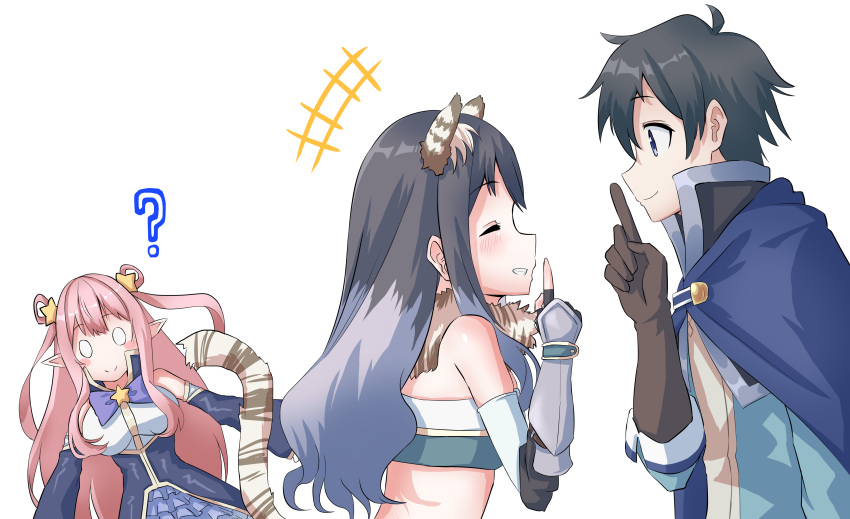 1boy 2girls ? absurdres animal_ear_fluff animal_ears bangs bare_shoulders black_hair blue_cape blue_skirt blue_vest blush brown_gloves cape closed_eyes commentary crop_top detached_sleeves dress elbow_gloves gauntlets gloves grey_eyes hair_rings hatsune_(princess_connect!) highres jacket long_hair long_sleeves multicolored_hair multiple_girls pink_hair pointy_ears princess_connect! princess_connect!_re:dive shiori_(princess_connect!) short_hair sidelocks skirt smile streaked_hair tail twintails vest white_background white_dress white_hair yamano_rokamizu yuuki_(princess_connect!)