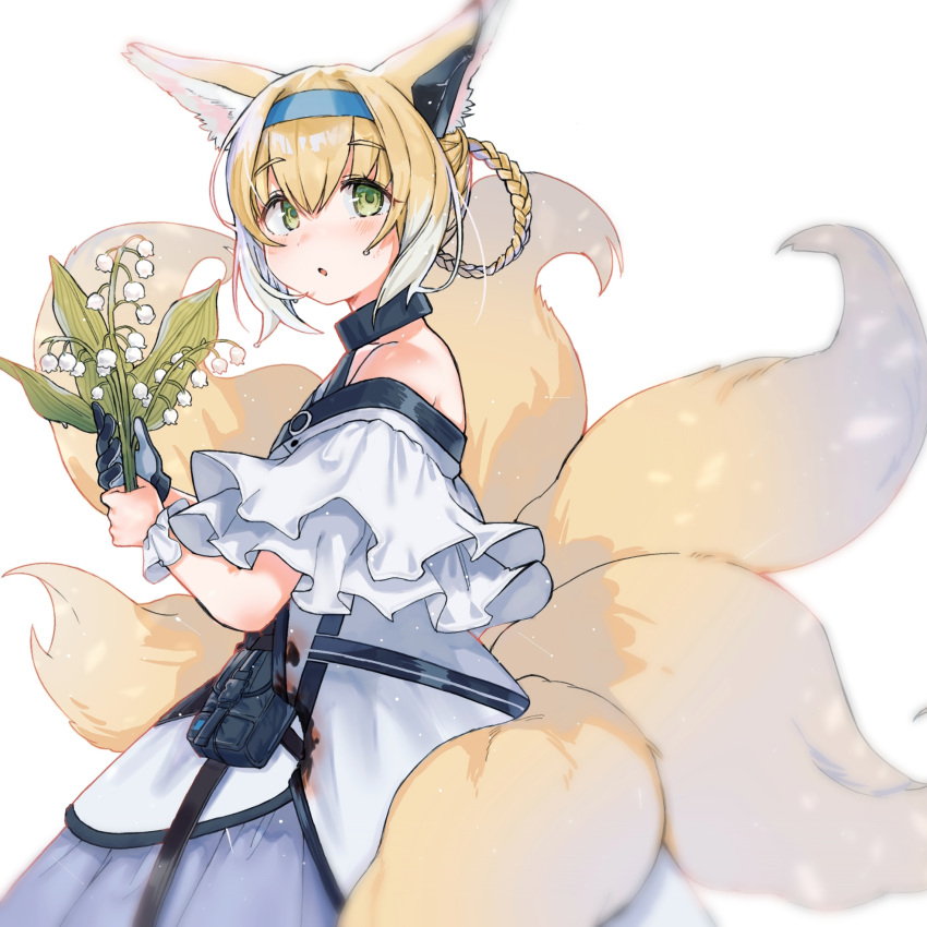 1girl animal_ear_fluff animal_ears arknights bangs bare_shoulders black_gloves blonde_hair blue_hairband blue_skirt blush braid commentary_request eyebrows_visible_through_hair flower fox_ears fox_girl fox_tail from_side gaeguribanchan gloves green_eyes hair_between_eyes hair_rings hairband headpiece highres holding holding_flower kitsune lily_of_the_valley looking_at_viewer looking_to_the_side multicolored_hair parted_lips pleated_skirt shirt simple_background single_glove single_wrist_cuff skirt solo suzuran_(arknights) tail two-tone_hair white_background white_flower white_hair white_shirt