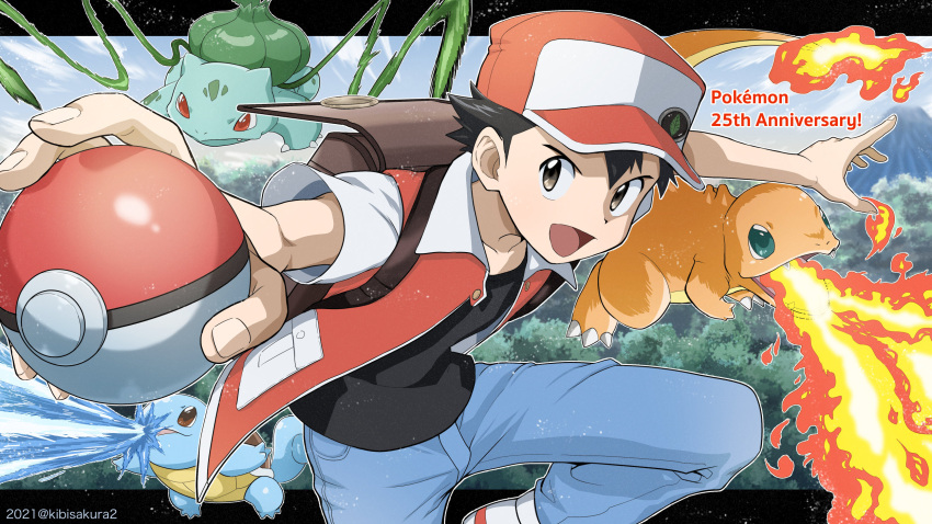 1boy :d anniversary badge bangs baseball_cap black_hair black_shirt blue_pants bulbasaur charmander commentary_request copyright_name fire gen_1_pokemon hat highres holding holding_poke_ball jacket kibisakura2 male_focus open_clothes open_jacket open_mouth outstretched_arms pants plant poke_ball poke_ball_(basic) pokemon pokemon_(creature) pokemon_(game) pokemon_rgby red_(pokemon) shirt shoes short_sleeves smile squirtle starter_pokemon_trio tongue vines water white_footwear