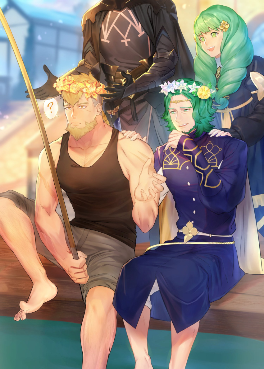 1girl 3boys ? armor bangs bare_shoulders barefoot beard blonde_hair byleth_(fire_emblem) byleth_eisner_(male) cape circlet closed_mouth confused dagger dock dress drill_hair english_commentary eyebrows_visible_through_hair facial_hair father_and_son fire_emblem fire_emblem:_three_houses fishing_rod flayn_(fire_emblem) garreg_mach_monastery_uniform gloves green_eyes green_hair hair_ornament hand_on_another's_shoulder head_wreath highres holding jeralt_reus_eisner long_hair long_sleeves multiple_boys open_mouth scar scar_on_arm scar_on_chest scar_on_face seteth_(fire_emblem) shorts smile spoken_question_mark tank_top tunic uniform water weapon yellow_eyes zhineart