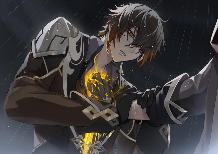 2boys bangs black_gloves black_hair bleeding blood brown_hair chisuke_1104 clouds cloudy_sky crack cracked_skin dark_clouds earrings eyebrows_visible_through_hair eyes_visible_through_hair formal genshin_impact gloves hair_between_eyes hand_on_another's_arm hand_on_another's_chest injury jacket jewelry long_sleeves male_focus multicolored_hair multiple_boys open_clothes open_mouth rain ring single_earring sky tartaglia_(genshin_impact) tassel tassel_earrings water wet wet_clothes yellow_eyes zhongli_(genshin_impact)