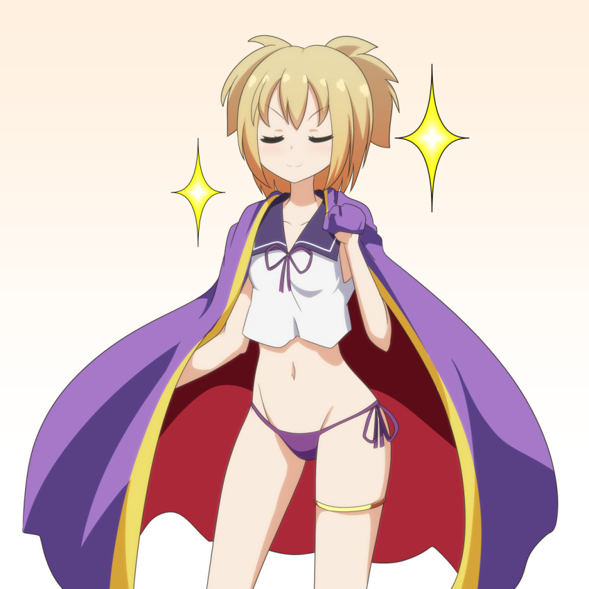 1girl adapted_costume blonde_hair cape cato_(monocatienus) closed_eyes commentary_request cowboy_shot crop_top facing_viewer groin highres navel no_pants panties purple_cape purple_panties red_cape sailor_collar short_hair side-tie_panties simple_background smile smug solo sparkle swimsuit thighlet touhou toyosatomimi_no_miko two-sided_cape two-sided_fabric underwear v-shaped_eyebrows