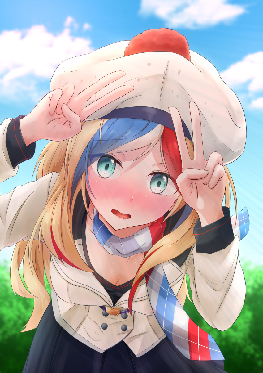 1girl absurdres bangs beret blonde_hair blue_eyes blue_hair blue_sky blush breasts commandant_teste_(kancolle) day double-breasted double_v hat highres jacket kantai_collection long_hair long_sleeves manjukannon medium_breasts multicolored multicolored_clothes multicolored_hair multicolored_scarf nose_blush outdoors plaid plaid_scarf pom_pom_(clothes) redhead scarf sky solo streaked_hair swept_bangs v wavy_hair white_headwear white_jacket