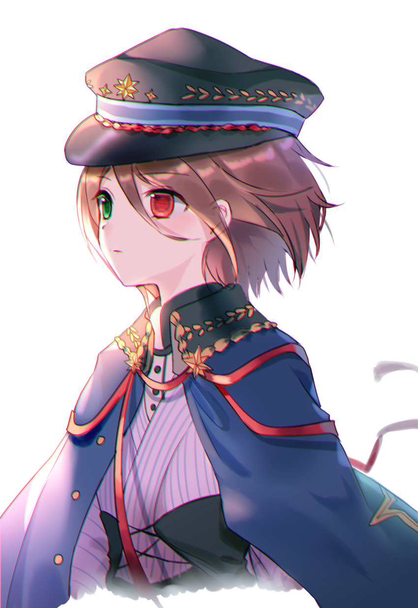 1girl bangs black_headwear blue_cape brown_hair cape cropped_torso eyebrows_visible_through_hair green_eyes hair_between_eyes hat heterochromia highres japanese_clothes kimono looking_away moseley peaked_cap red_eyes rozen_maiden simple_background solo souseiseki striped upper_body vertical-striped_kimono vertical_stripes white_background white_kimono