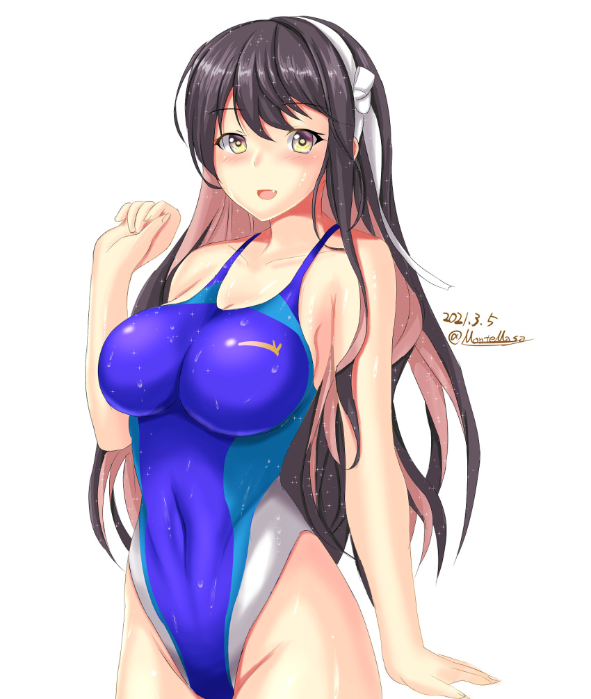 1girl black_hair blue_swimsuit collarbone competition_swimsuit fang hairband highleg highleg_swimsuit highres impossible_clothes impossible_swimsuit kantai_collection long_hair montemasa multicolored_hair naganami_(kancolle) one-piece_swimsuit open_mouth pink_hair remodel_(kantai_collection) simple_background solo swimsuit white_background white_hairband yellow_eyes