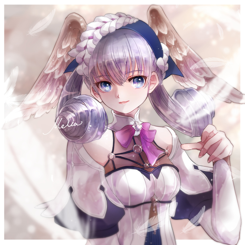 1girl blue_eyes braid breasts cape crown_braid curly_hair dress gloves head_wings highres juliet_sleeves long_sleeves looking_at_viewer medium_breasts melia_antiqua o-ring puffy_sleeves short_dress silver_hair simple_background smile solo staff thigh-highs user_scec4774 xenoblade_chronicles xenoblade_chronicles:_future_connected xenoblade_chronicles_(series)