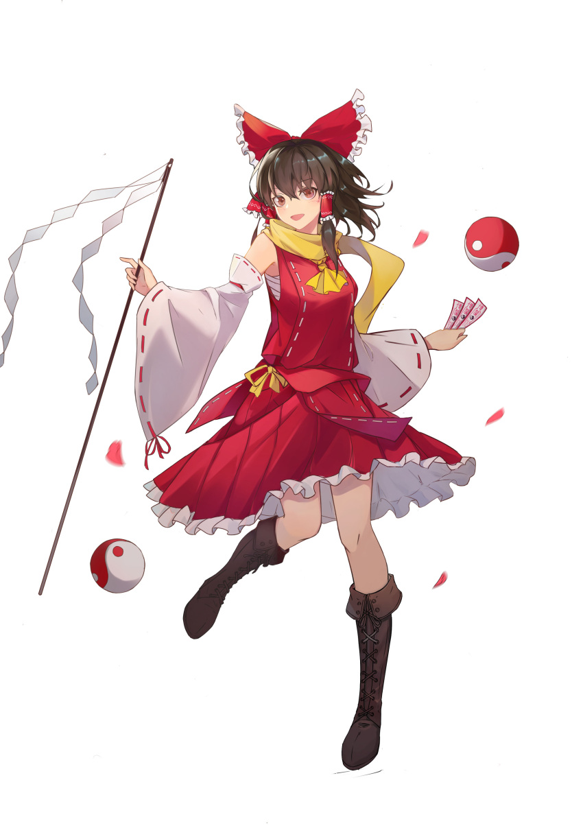 1girl :d absurdres ascot bangs bare_shoulders between_fingers boots bow breasts brown_hair cross-laced_footwear crossed_bangs detached_sleeves eyebrows_visible_through_hair frilled_bow frilled_hair_tubes frills full_body gohei hair_between_eyes hair_bow hair_tubes hakurei_reimu highres holding holding_stick knee_boots lace-up_boots looking_at_viewer medium_breasts medium_hair ofuda open_mouth orb petticoat pleated_skirt red_bow red_eyes red_skirt red_vest ribbon-trimmed_sleeves ribbon_trim sarashi scarf sidelocks skirt smile solo standing standing_on_one_leg stick touhou vest yellow_neckwear yellow_scarf yin_yang yin_yang_orb yongzhe_mei_hong
