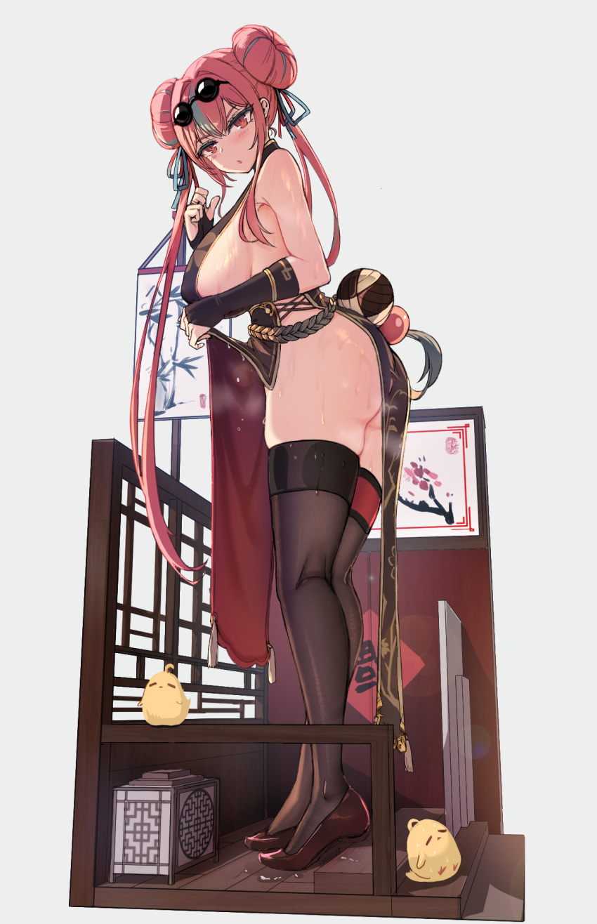 1girl ass azur_lane black_dress black_footwear black_legwear bra braid braided_bun breasts bremerton_(azur_lane) bremerton_(kung_fu_cruiser)_(azur_lane) bridal_gauntlets brown_bra china_dress chinese_clothes commentary double_bun dress dress_lift eyewear_on_head from_side hair_intakes highres lifted_by_self long_hair looking_at_viewer manjuu_(azur_lane) multicolored_hair no_mole official_alternate_costume open_mouth panana pelvic_curtain pink_eyes pink_hair revision sideboob solo standing steam strapless strapless_bra streaked_hair sweat thigh-highs thighs tinted_eyewear underwear very_long_hair