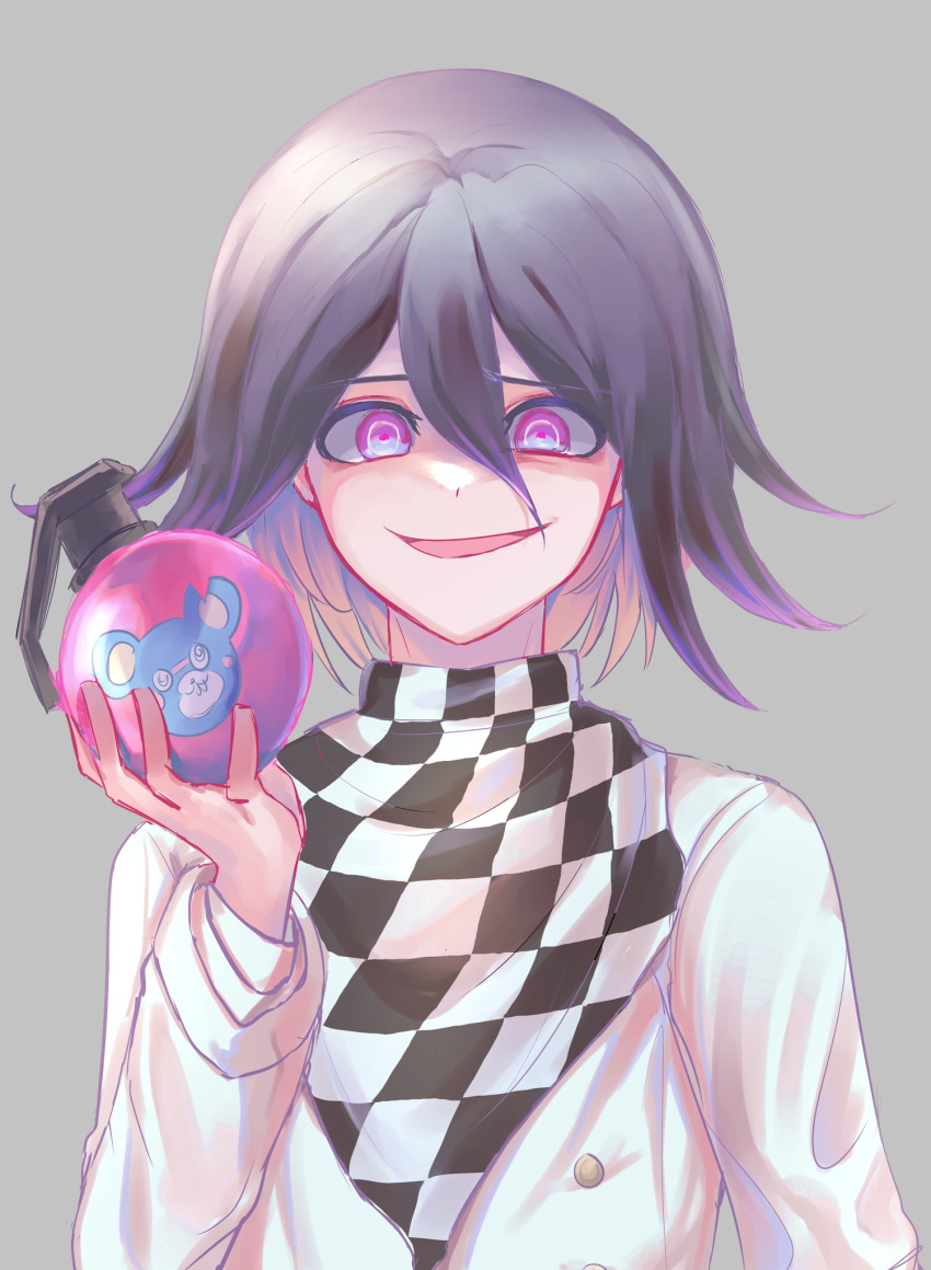 1boy animal_print bangs bear_print black_hair checkered checkered_scarf commentary_request danchu_(danchu0628) dangan_ronpa_(series) dangan_ronpa_v3:_killing_harmony explosive grenade grey_background hair_between_eyes highres holding jacket long_sleeves looking_at_viewer male_focus open_mouth ouma_kokichi pink_eyes purple_hair ringed_eyes scarf short_hair simple_background smile solo straitjacket upper_body violet_eyes