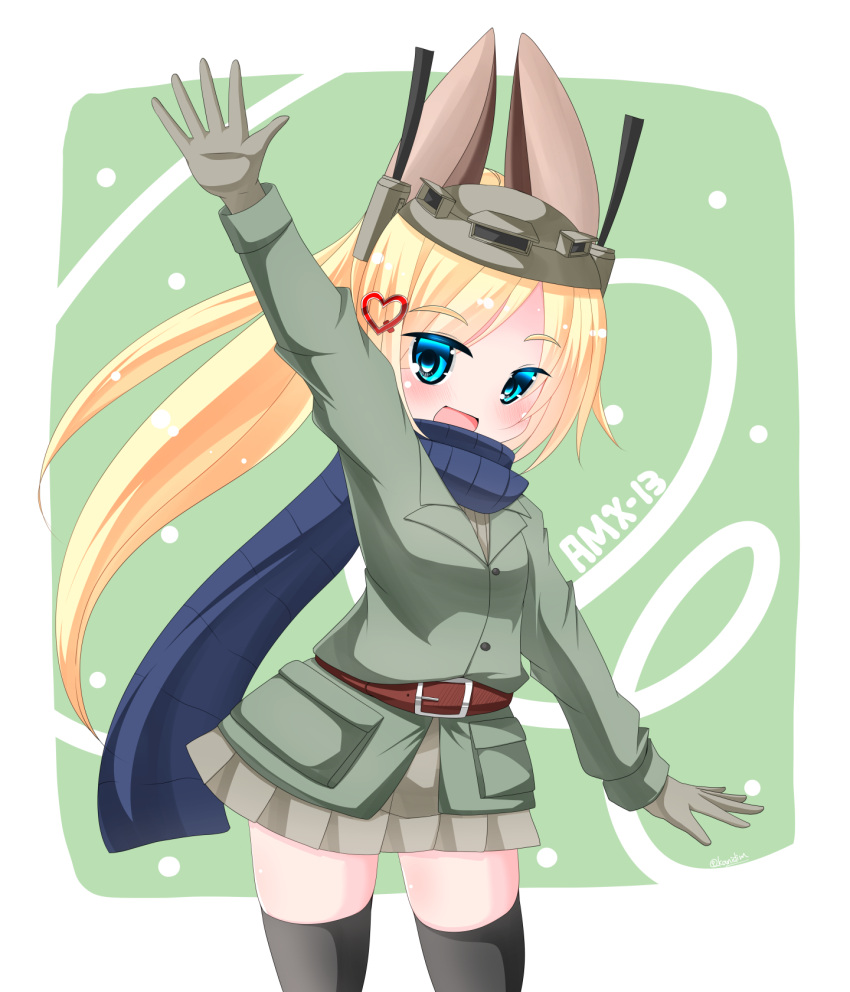 1girl :d amx-13 animal_ears arm_up bangs black_legwear blonde_hair blue_eyes blue_scarf brown_headwear commentary_request eyebrows_visible_through_hair green_background green_jacket grey_skirt hair_ornament hat heart heart_hair_ornament highres jacket kanijiru long_hair open_mouth original parted_bangs personification scarf skirt smile solo standing thigh-highs two-tone_background very_long_hair white_background