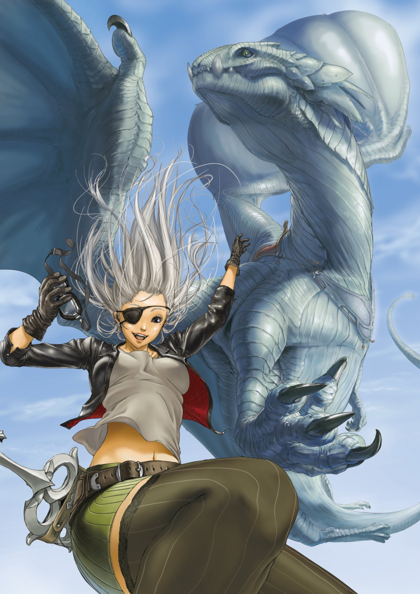 1girl :d belt black_eyes black_jacket blue_sky breasts day dragon eyepatch falling floating_hair foreshortening gloves goggles grey_gloves grey_hair grey_legwear grey_shirt grey_shorts hand_up highres holding holding_goggles jacket leather leather_jacket looking_at_viewer medium_breasts mole mole_under_eye one_eye_covered open_clothes open_jacket open_mouth original outdoors perspective shirt shorts sky smile sword teru_sakura thigh-highs two-sided_fabric two-sided_jacket weapon