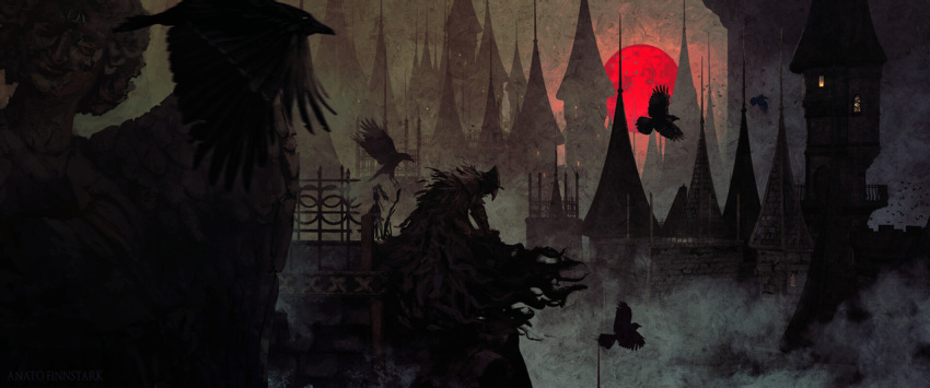 anatofinnstark animal bird bloodborne building city eileen_the_crow feather-trimmed_coat fog from_side hat kneeling moon night plague_doctor_mask raven_(animal) red_moon solo statue wide_shot