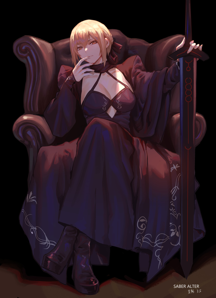 1girl absurdres armchair artoria_pendragon_(all) black_bow black_dress black_footwear blonde_hair boots bow braid breasts chair crown_braid dress excalibur_morgan_(fate) fate/grand_order fate_(series) hair_bow highres jinlin long_dress long_sleeves revision saber_alter sitting small_breasts solo yellow_eyes