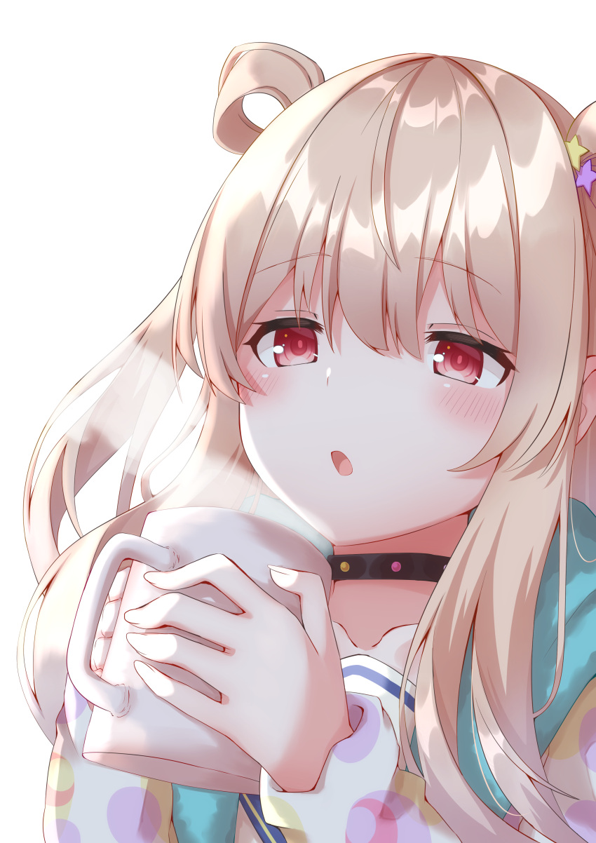 1girl :o absurdres bangs blonde_hair blush character_request check_character choker coffee_mug commentary cup eyebrows_visible_through_hair fingernails hair_ornament hair_rings hatsune_(princess_connect!) highres holding holding_cup long_hair long_sleeves mug open_mouth princess_connect! princess_connect!_re:dive red_eyes sidelocks solo star_(symbol) star_hair_ornament steam white_background yamano_rokamizu