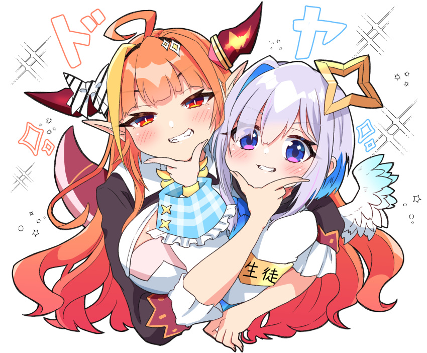2girls ahoge amane_kanata angel_wings armband bangs black_hairband black_jacket blonde_hair blue_eyes blue_hair blunt_bangs blush bow cleavage_cutout clothing_cutout collared_shirt colored_inner_hair commentary_request diagonal-striped_bow dragon_girl dragon_horns dragon_tail feathered_wings grin hair_between_eyes hair_bow hair_ornament hairband halo hand_on_another's_face highres hololive horn_bow horns jacket kiryuu_coco long_hair long_sleeves looking_at_viewer multicolored_hair multiple_girls orange_hair pink_hair pointy_ears red_eyes scales shirt short_hair silver_hair simple_background slit_pupils smile smug striped striped_bow symbol_commentary tail two-tone_hair upper_body virtual_youtuber white_background white_shirt wings yukito_(hoshizora)