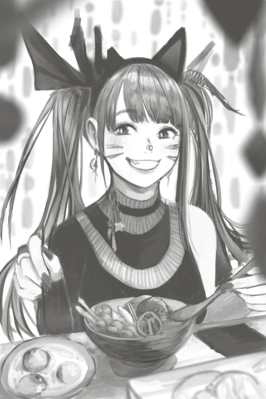 1girl animal_ears azelweien bare_shoulders blurry blurry_foreground blush bowl choker chopsticks earrings eyebrows_visible_through_hair facial_mark fake_animal_ears fingernails food greyscale highres holding holding_chopsticks jewelry long_fingernails long_hair monochrome original parted_lips plate smile solo table teeth turtleneck twintails whisker_markings