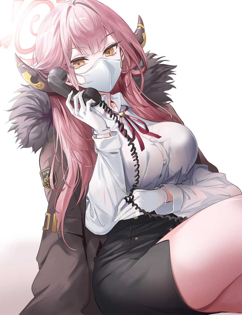 1girl aru_(blue_archive) black_skirt blue_archive breasts covered_mouth gloves highres horns large_breasts long_hair looking_at_viewer mask phone pink_hair shirt simple_background skirt white_gloves white_shirt yellow_eyes yuki_(asayuki101)