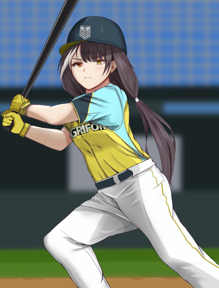 1girl absurdres aqua_headwear bangs baseball baseball_bat baseball_cap baseball_stadium baseball_uniform blush brown_hair closed_mouth eyebrows_visible_through_hair girls_frontline gloves hat heterochromia highres holding holding_baseball_bat long_hair looking_away multicolored_hair pants red_eyes ro635_(girls_frontline) serious shirt simple_background solo sportswear standing taishi_karibe white_pants yellow_eyes yellow_gloves