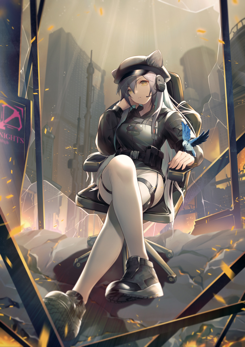 1girl absurdres animal_ears arknights bangs bird black_footwear black_headwear black_jacket cabbie_hat cat_ears chair crossed_legs ears_through_headwear hair_between_eyes hat head_tilt headset highres jacket jiusan_naitan long_hair looking_at_viewer official_alternate_costume pantyhose schwarz_(arknights) schwarz_(skyline)_(arknights) shoes silver_hair sitting solo swivel_chair white_legwear yellow_eyes