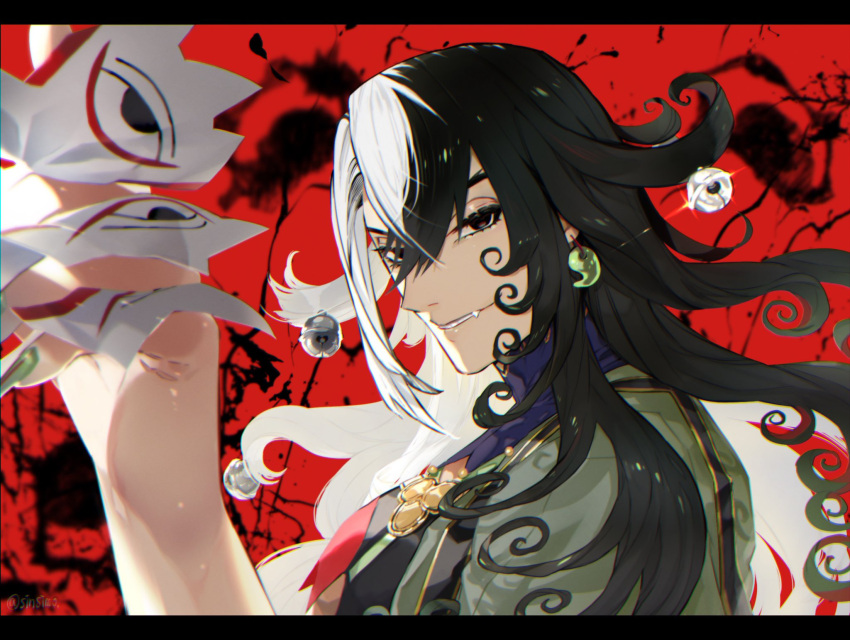 1boy ashiya_douman_(fate) asymmetrical_clothes asymmetrical_hair bell black_eyes black_hair curly_hair earrings eyelashes eyeshadow fangs fate/grand_order fate_(series) fingernails green_eyeshadow green_kimono green_lips green_nails hadanugi_dousa hair_bell hair_between_eyes hair_intakes hair_ornament highres holding holding_weapon japanese_clothes jewelry kimono light light_smile long_hair magatama magatama_earrings makeup male_focus multicolored_hair open_clothes open_kimono red_background ribbed_sleeves sharp_fingernails shikigami shiny shiny_hair sinsimo smile solo toned toned_male two-tone_hair upper_body very_long_fingernails very_long_hair weapon white_hair wide_sleeves