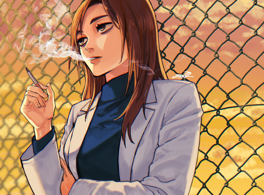 1000_(user_1527793) 1girl bangs blue_shirt breasts brown_eyes brown_hair chain-link_fence cigarette clouds cloudy_sky coat commentary dusk eyelashes eyeshadow fence highres holding holding_cigarette ieiri_shoko jujutsu_kaisen labcoat lips long_hair long_sleeves makeup medium_breasts mole mole_under_eye open_clothes open_coat orange_sky outdoors parted_bangs parted_lips shirt signature sky smoking solo straight_hair symbol_commentary turtleneck upper_body white_coat