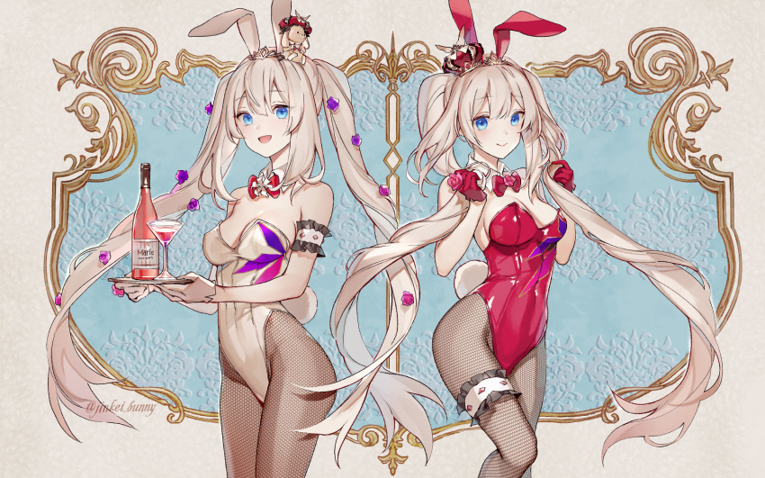 animal_ears blue_eyes bow bowtie breasts bunny_girl bunny_tail covered_navel fake_animal_ears fake_tail fate_(series) fishnet_legwear fishnets highleg highleg_leotard highres koshika_rina leotard looking_at_viewer marie_antoinette_(fate) medium_breasts playboy_bunny rabbit_ears red_leotard strapless strapless_leotard tail twintails white_hair white_leotard