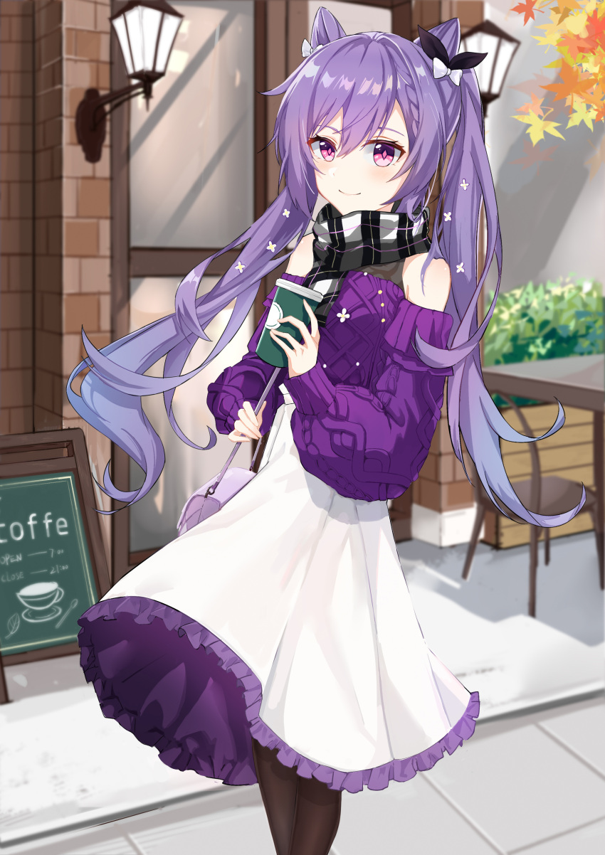 1girl absurdres bag bare_shoulders black_legwear blush bow casual chair chenmu_sora cup double_bun drink drinking_straw flower frilled_skirt frills genshin_impact hair_bow hair_flower hair_ornament half-closed_eyes highres holding holding_cup keqing_(genshin_impact) long_sleeves looking_at_viewer outdoors pantyhose plaid plaid_scarf purple_hair purple_sweater scarf sign skirt solo standing sweater table twintails violet_eyes white_skirt