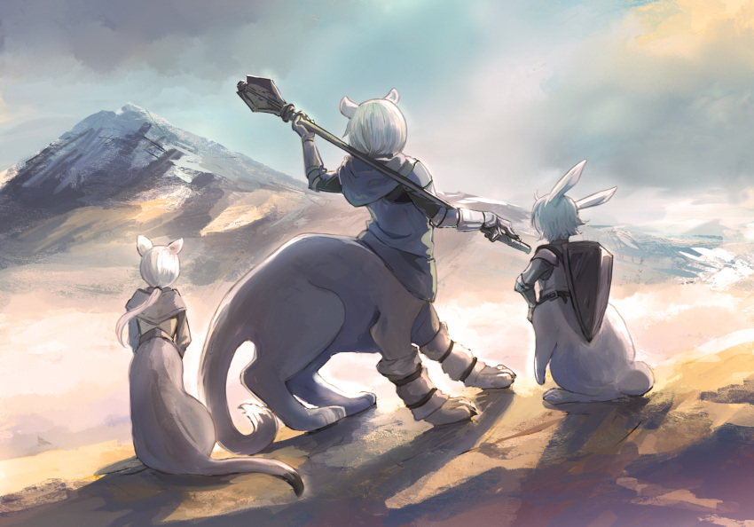 3girls animal_ears bunny_girl centauroid clouds cornelia_(mountain_of_heaven) from_behind gauntlets highres holding holding_weapon hood hood_down imacomai kanabi_(mountain_of_heaven) mace mountain multiple_girls outdoors pixiv_fantasia_mountain_of_heaven ponytail rabbit_ears repa_(mountain_of_heaven) shadow shield sphinx standing tail weapon white_hair
