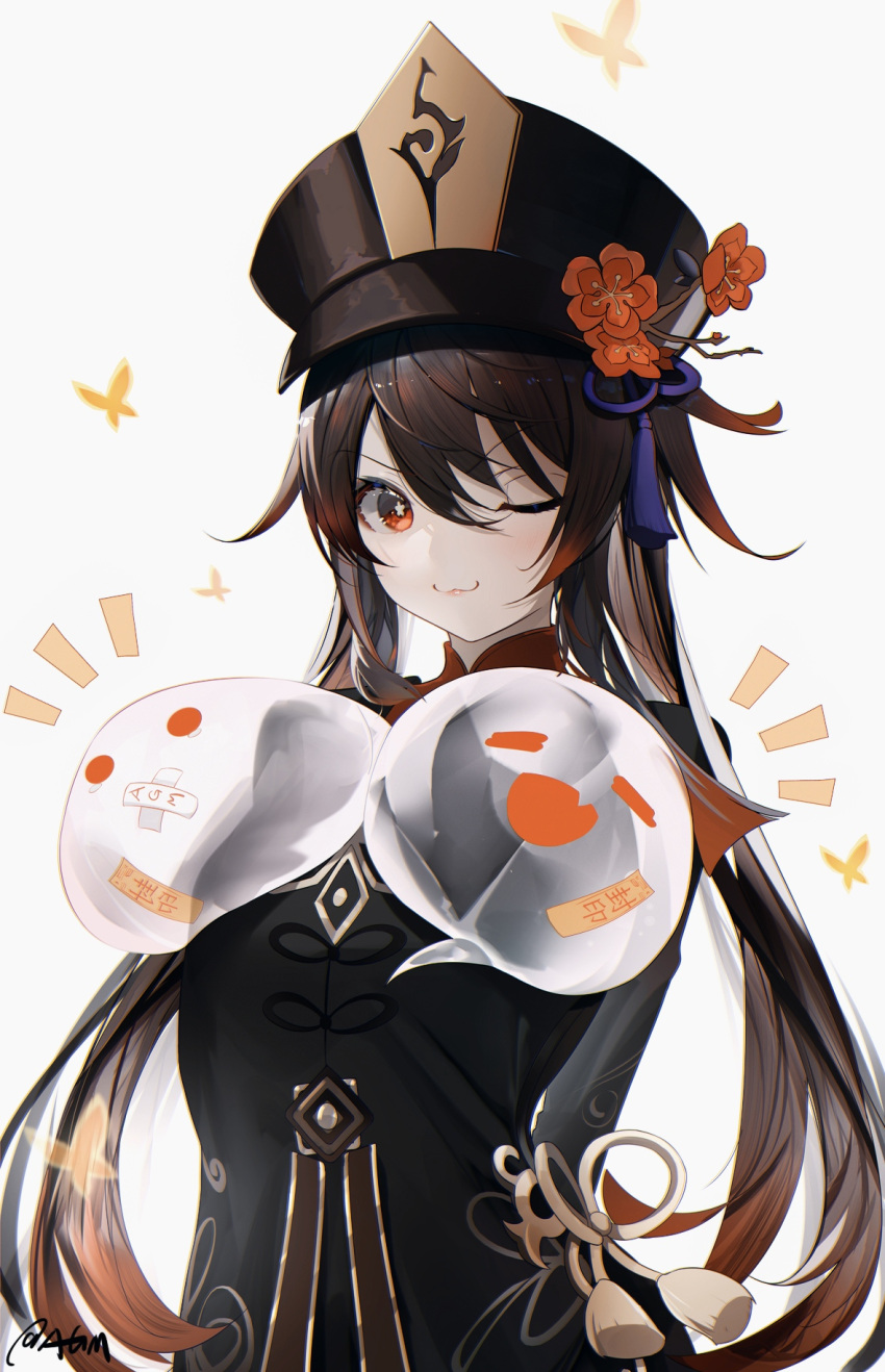 1girl ;3 arms_behind_back bandaid black_headwear breasts bug butterfly closed_eyes fang flower genshin_impact ghost highres hu_tao insect large_breasts long_hair long_sleeves omone_hokoma_agm one_eye_closed open_mouth red_eyes red_flower simple_background symbol-shaped_pupils twintails upper_teeth wavy_mouth white_background