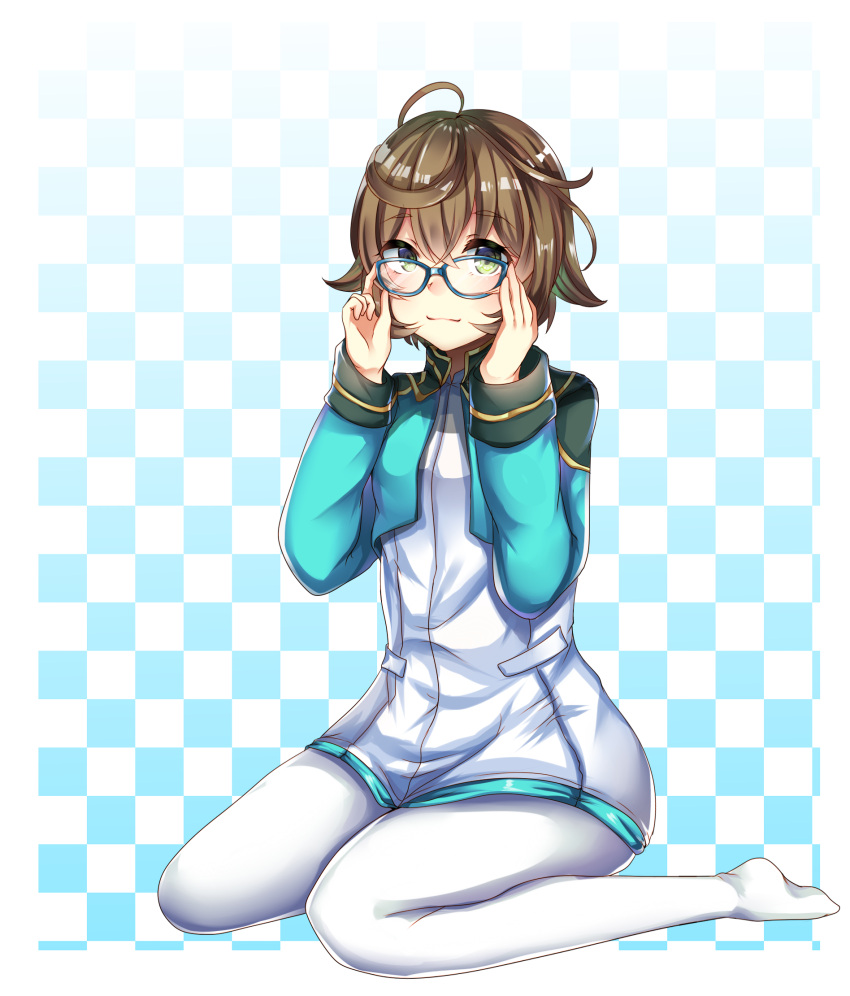 1girl adjusting_eyewear ahoge blue-framed_eyewear blue_background brown_hair checkered checkered_background commentary_request cropped_jacket eyebrows_visible_through_hair fate/grand_order fate_(series) furumiya_neko glasses green_eyes highres marble_macintosh no_shoes pantyhose short_hair sitting solo wariza white_background white_legwear