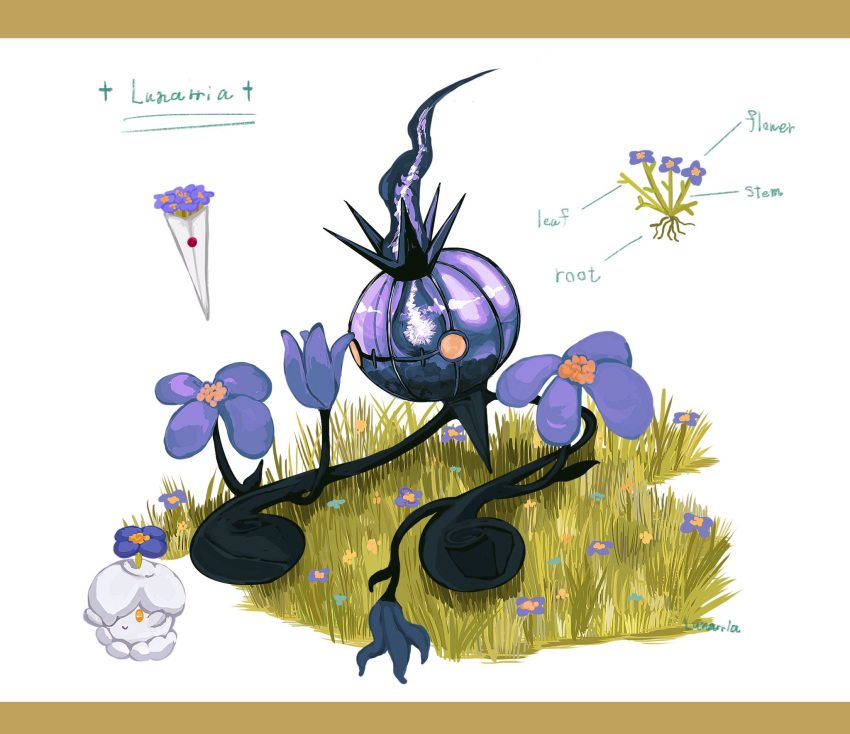 artist_name chandelure closed_mouth commentary_request flower gen_5_pokemon grass highres litwick lunarria no_humans orange_eyes pokemon pokemon_(creature) purple_flower roots signature smile white_background